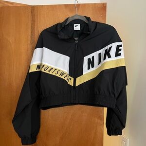 Nike Black Cropped Bomber Jacket with White & Gold Stripes